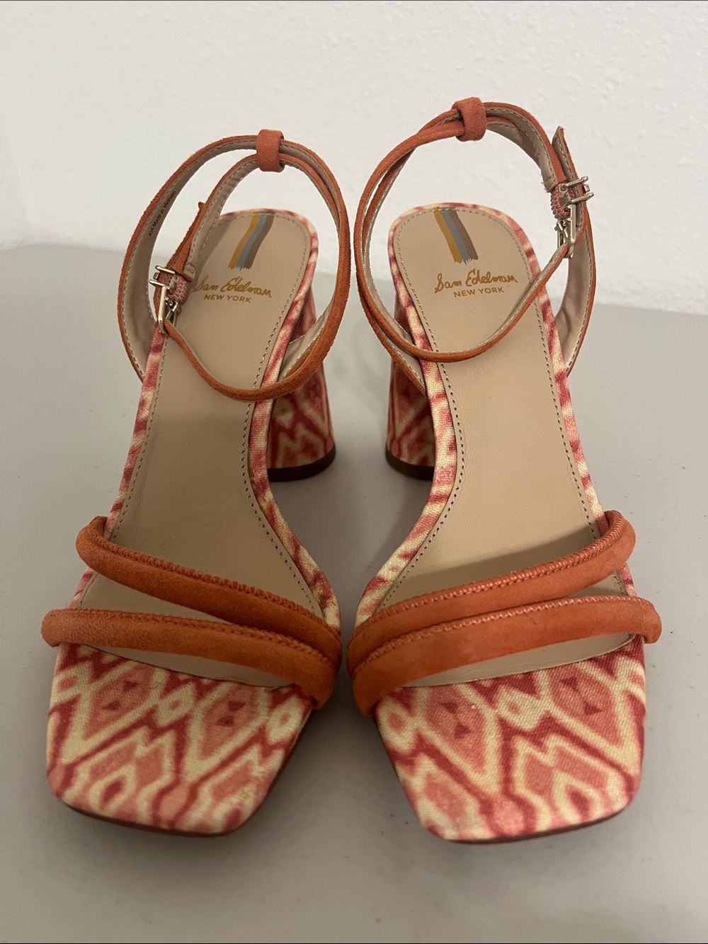 Sam Edelman Kia Orange Patterned Block Heel Sandals with Ankle Strap Sz 6
